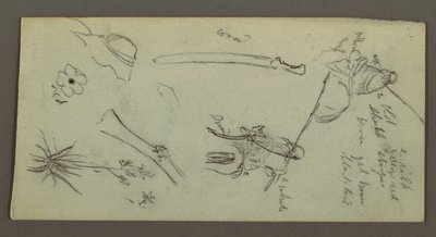 Teckning, Två figurer rider på hästar, bär spjut, svärd, nedre delen av en pistol, etc., möjligen 1868 av Frederic Edwin Church