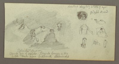 Teckning, Två figurer och två kameler vid lägereld, Figur- och kamelstudier, möjligen 1868 av Frederic Edwin Church