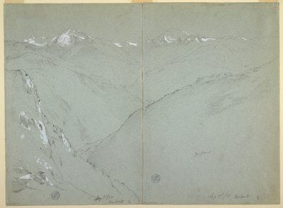 Teckning, Dallandskap med snöklädda toppar, Berner Alperna, Schweiz, del 1, 1 september 1868 av Frederic Edwin Church