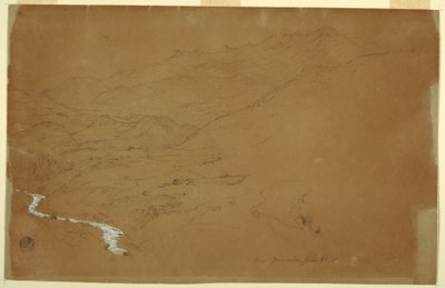 Teckning, Dal med en bäck och hus, nära Guaranda, Ecuador, 4 juni 1857 av Frederic Edwin Church