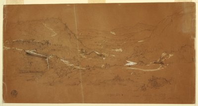 Ritning, Dal med bro och hus, nära Guaranda, Ecuador, 5 juni 1857 av Frederic Edwin Church
