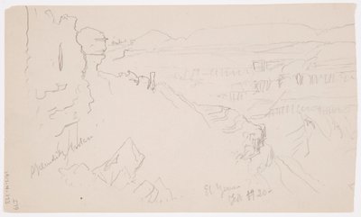 Teckning, Vy över kullarna och slätten mot bergen, El Yemens dal, februari 1868 av Frederic Edwin Church