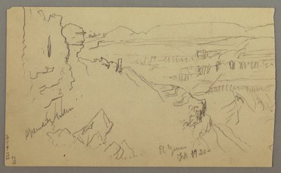 Teckning, Vy över kullarna och slätten mot bergen, El Yemens dal, februari 1868 av Frederic Edwin Church