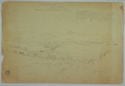 Teckning, Vy nära Popayan inklusive vulkanen Mount Purese,Cauca River, Colombia, 8 augusti 1853 av Frederic Edwin Church