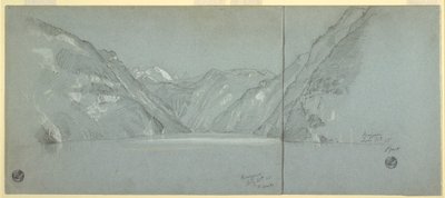 Ritning, Vy över Konigssee med Falkenstein, nära Berchtesgaden, Bayern, Tyskland, Del 2, 11 juli 1868 av Frederic Edwin Church