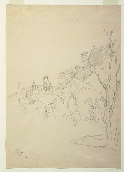 Teckning, utsikt över Olana, konstnärens hem, Hudson, New York, ca 1872 av Frederic Edwin Church