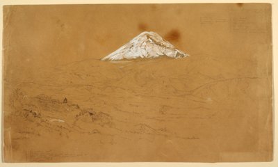 Teckning, Vy över det snötäckta berget Chimborazo ritad nära Guanojo och Guaranda, Ecuador, 12 juni 1857 av Frederic Edwin Church