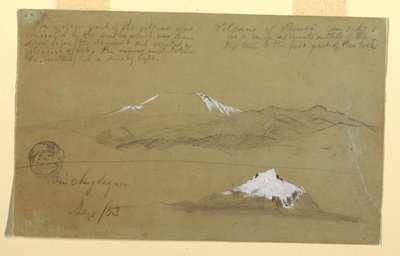 Teckning, Vyer över vulkanen Puresé, Colombia och berget Sincholagua, Ecuador, 9 augusti och 9 september 1853 av Frederic Edwin Church
