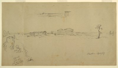 Teckning, Vyer över basilikan och Neptunustemplet, Paestum, Italien, april 1869 av Frederic Edwin Church