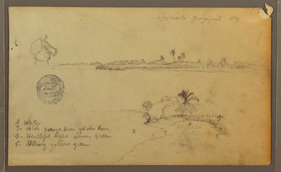Teckning, Vy över Guayasflodens östra strand, mittemot Guayaquil, Ecuador, maj 1857 av Frederic Edwin Church