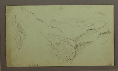 Teckning, By och brant bergsdal (Alperna), 1868-69 av Frederic Edwin Church