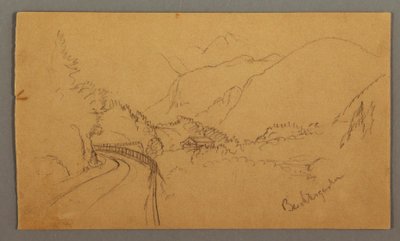 Ritning, Slingrande väg genom dal, hus, möjligen 1868 av Frederic Edwin Church