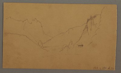 Ritning, Slingrande väg genom dal, hus, möjligen 1868 av Frederic Edwin Church