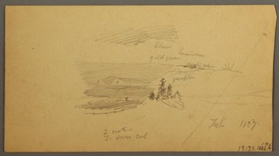 Teckning, skogsklädd bergstopp, kuperad dal, sol, januari 1866 av Frederic Edwin Church
