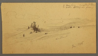 Teckning, skogsklädd bergstopp, kuperad dal, sol, januari 1866 av Frederic Edwin Church