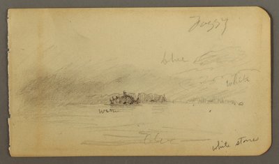 Teckning, Skogsklädd strand i dimma, möjligen 1878 av Frederic Edwin Church