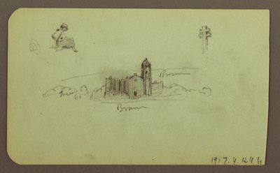 Teckning, kullar, kyrka, bro; Averso: figur, kors, kyrka, 1883 av Frederic Edwin Church