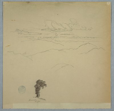 Bergigt landskap med en solnedgång och ett träd, Jamaica, juli 1865 av Frederic Edwin Church