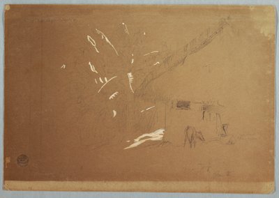 Sittande kvinna och betande åsna framför ett hus nära Jorje, Ecuador av Frederic Edwin Church