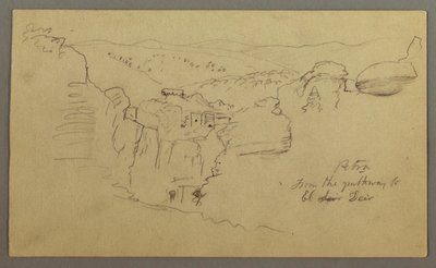 Skiss. Utsikt över Khirbet en Wasara "Petra / från delvägen till / El Deir" av Frederic Edwin Church