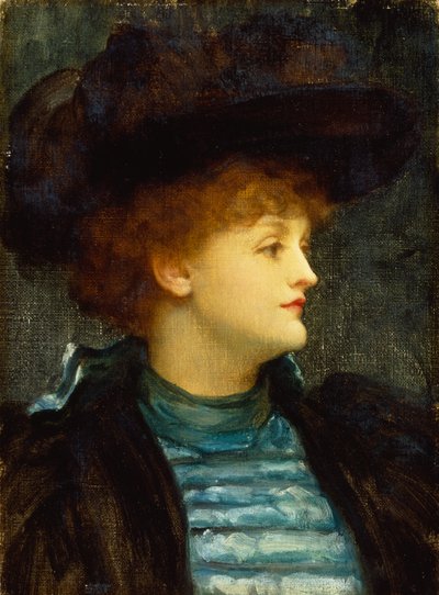 Porträtt av kvinna i turkos klänning med svart kappa och hatt (olja på duk) av Frederic Leighton