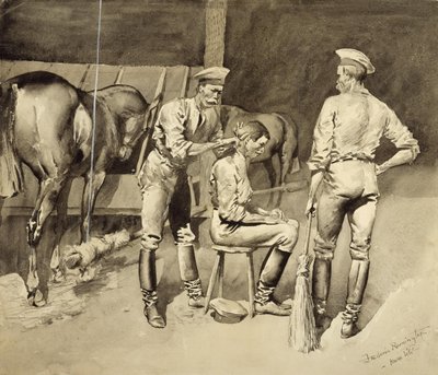 En hårklippning i ett kavalleristall av Frederic Remington
