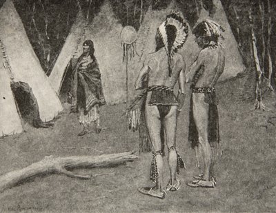 Och hennes älskare, de avvisade,... Vackra män med färg och fjädrar, ur Hiawatas sång av Henry Wadsworth Longfellow (1807-82), utgiven av George G. Harrap und Company Ltd., 1911. av Frederic Remington