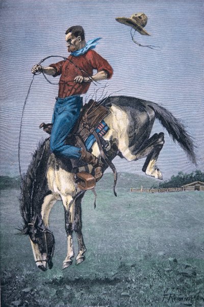 Bronco-Buster (färgad gravyr) av Frederic Remington