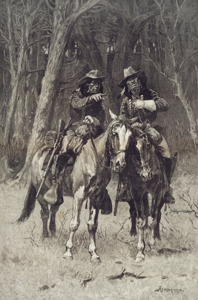 Cheyenne-scouter patrullerar Big Timber of the North Canadian, Oklahoma, 6 april av Frederic Remington