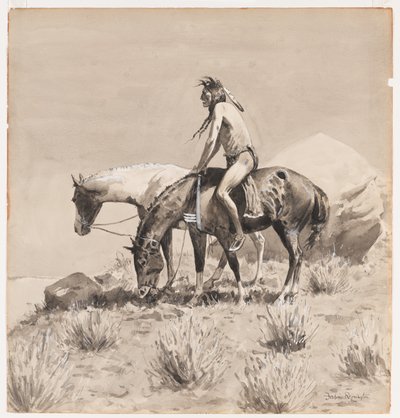 Under a Long Time He Stood, en design för The Way of a Indian, förmodligen 1900 (bläcktvätt och ogenomskinligt vitt på papper) av Frederic Remington