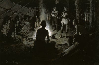 Franska upptäcktsresanderådet med indianerna (vid Iroquois Council Fire) c.1901 av Frederic Remington
