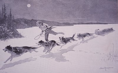 Fransk pälsfångare i Kanada med huskyhundar på frusen sjö av Frederic Remington