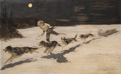 "Huskie"-hundar på den frusna motorvägen (Talking Musquash) av Frederic Remington