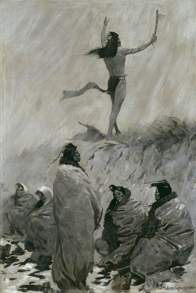 Eldätaren höjde sina armar mot åskfågeln, c.1900 av Frederic Remington