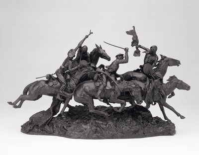 The Old Dragons of 1850, modellerad 1905, gjuten 1905-09 (brons med svart patina) av Frederic Remington