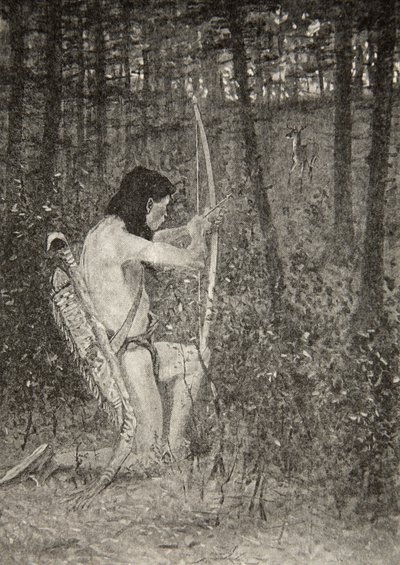 Då, på ett knä upprorisk, riktade Hiawatha en pil, från The Song of Hiawatha av Henry Wadsworth Longfellow (1807-82), publicerad av George G. Harrap und Company Ltd., 1911. av Frederic Remington