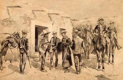 Uwindaji wa Wapanda farasi wa U.S. Garza Men on the Rio Grande, c.1892 (wc kwenye karatasi)swed av Frederic Remington