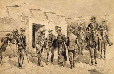 U. Amerikanskt kavalleri jagar Garza-män vid Rio Grande av Frederic Remington