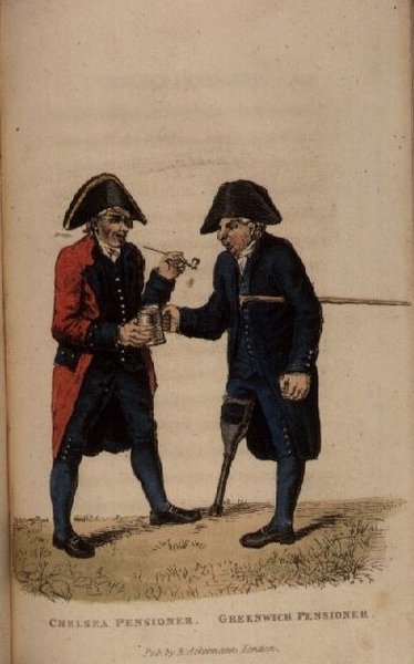 En Chelsea-pensionär och en Greenwich-pensionär från Ackermanns World in Miniature av Frederic Shoberl