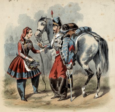Den franska armén och dess cantinieres: Hussard och cantiniere de troupe de line. Gravyr av Frederic Sorrieu (1807 -? ) av Frederic Sorrieu