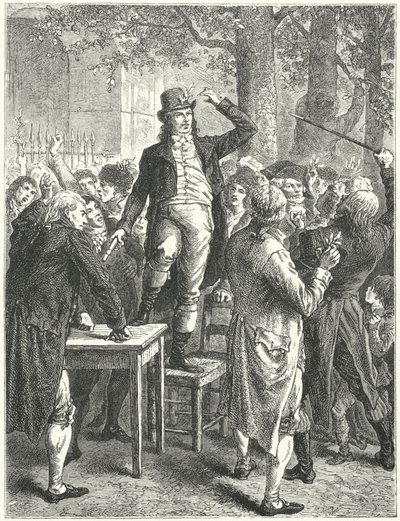 Camille Desmoulins tal i Palais Royals trädgård, Paris av Frederic Theodore (after) Lix