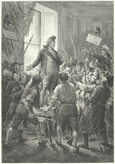 Ludvig XVI av Frankrike tvingades ta på sig en frygisk mössa av sans-culottes efter deras invasion av Tuileriespalatset av Frederic Theodore (after) Lix