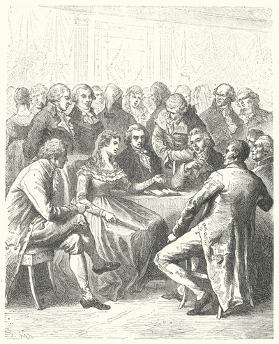 Madame Roland och Girondinerna, Franska revolutionen (gravyr) av Frederic Theodore (after) Lix