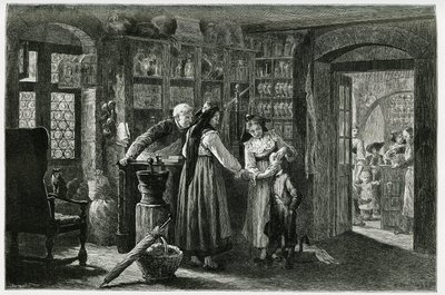 På apoteket i byn Kaysersberg (eller Kaisersberg, Alsace), en akut konsultation. Gravyr av F.Lix, för att illustrera berättelsen "Genom Alsace och Lorraine", 1884, av Charles Grad (1842-1890), tysk deputerad, författare och naturforskare. Pub av Frederic Theodore Lix