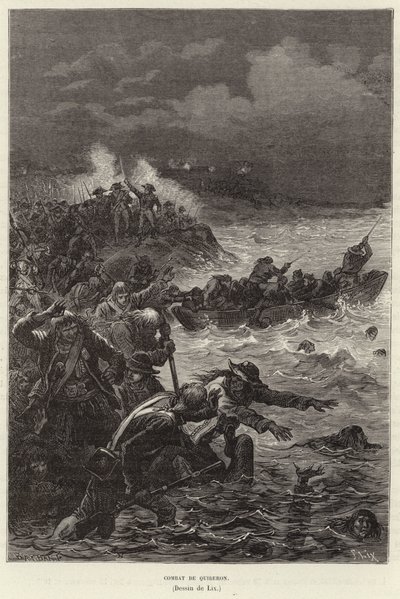 Combat de Quiberon. Anhängare av Chouanneriet och Vendee-upproret som försöker fly republikanska styrkorna vid Quiberon, Frankrike, franska revolutionen av Frederic Theodore Lix