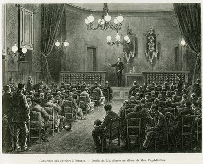 Konferens för arbetarna vid Dollfus Mieg-verkstäderna i Dornach. Gravyr av Lix för att illustrera berättelsen A Through Alsace and Lorraine, av Charles Grad, tysk deputerad, 1885, i tour du monde 1886, i regi av Edouard Charton (1807-1890), Hache av Frederic Theodore Lix