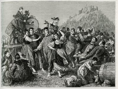 Fete des patres vid Hohneck (Vosges), söndag efter Saint John. Gravyr av F.Lix, för att illustrera berättelsen "Genom Alsace och Lorraine", 1884, av Charles Grad (1842-1890), tysk deputerad, författare och naturforskare. Publicerad i Le Tour du monde, nouv av Frederic Theodore Lix