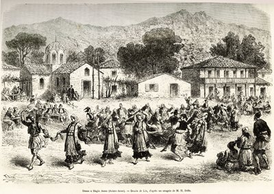 Folkdans på bytorget Haggia Anna (St. Anne). Gravyr efter ritningen av Lix, för att illustrera resan i Grekland, av Henri Belle, 1861-1868-1874, publicerad i "" Le tour du monde""" 1876, redigerad av Edouard Charton, Hachette-upplagan, Paris av Frederic Theodore Lix