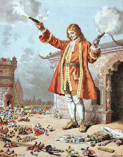 "De föll alla baklänges som om de träffades av åskan", illustration från "Gullivers resor" av Jonathan Swift (1667-1745) av Frederic Theodore Lix