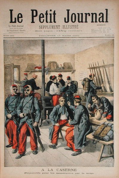In the Barracks, Preparation for Maneuvers in the Snow, illustration från Le Petit Journal, 17 mars 1895 av Frederic Theodore Lix